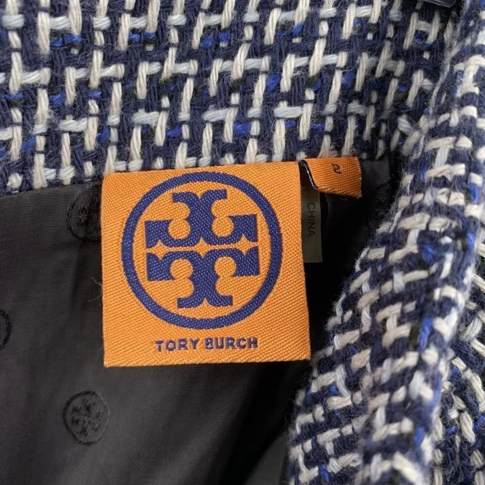 TORY BURCH Darren Navy Blue and White Cotton Tweed Pencil Skirt Size 2